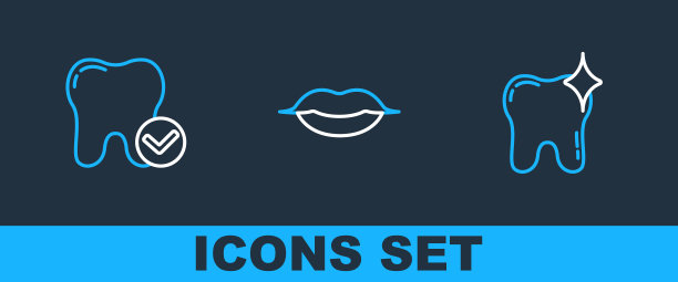 设定线牙齿美白，概念和微笑的嘴唇图标。向量图片下载