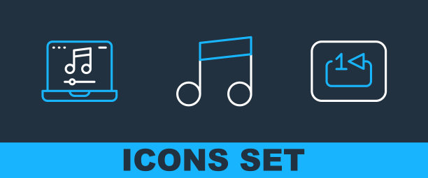 设置线重复轨道音乐播放器，笔记本电脑与音乐笔记，音调图标。向量图片下载