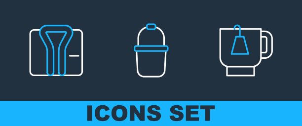 设置线杯茶与茶包，浴袍和桑拿桶图标。向量图片下载