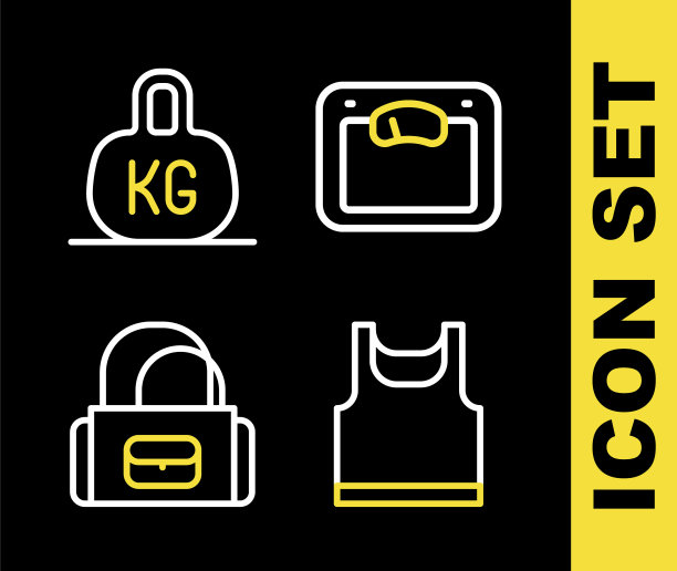 设置线浴室秤，无袖t恤，运动包和重量图标。向量图片下载