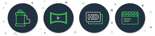 在线播放视频，高清电影，磁带，帧，相机胶卷和电影拍板图标。向量图片下载