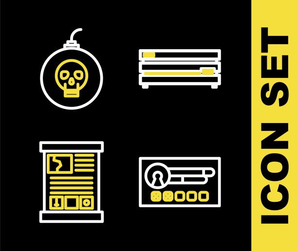 设置线视频游戏机，创建帐户屏幕，游戏指南和炸弹准备爆炸图标。向量图片下载