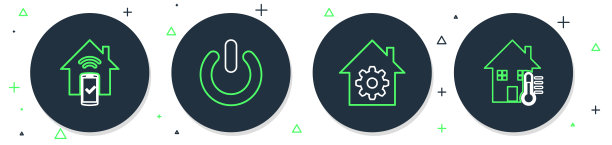 设置线路电源按钮，智能家居设置，远程控制系统和房屋温度图标。向量图片下载