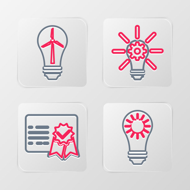 设置线太阳能板，证书模板，灯泡齿轮和风力涡轮机图标。向量图片下载