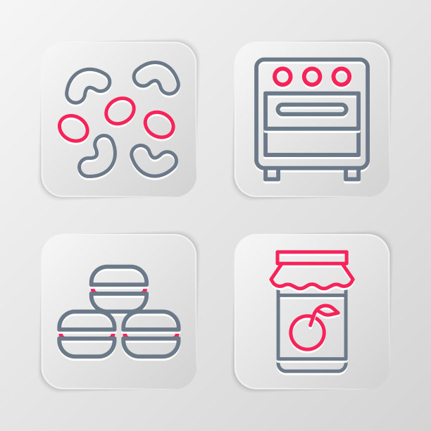 设置线果酱罐，马卡龙饼干，烤箱和果冻糖图标。向量图片下载