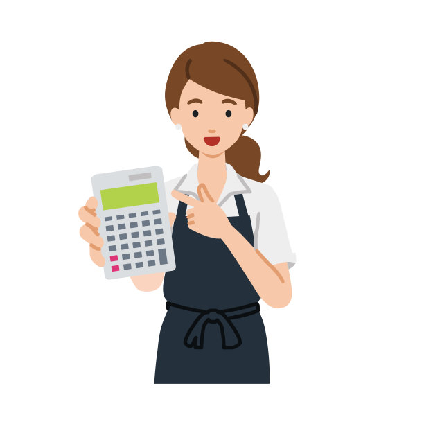 一个穿着咖啡馆围裙的女人面带微笑地推荐、提议、展示估价并指着计算器图片下载