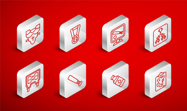 设置线规划策略，奖牌与棒球，监控比赛，锦标赛支架，瓶装水，球员护胸，棒球棒和机械计分板图标。向量图片下载