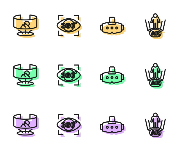 虚拟现实眼镜，360度视图，增强现实图标。向量图片下载