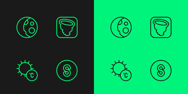 设置线指南针南，太阳，月相和龙卷风图标。向量图片下载