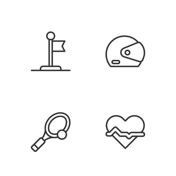 设定线心率，网球拍与球，旗帜和赛车头盔图标。向量图片下载