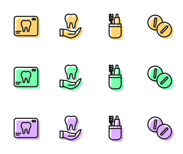 设置线牙刷和牙膏，x光片，和牙痛止痛药片图标。向量图片下载