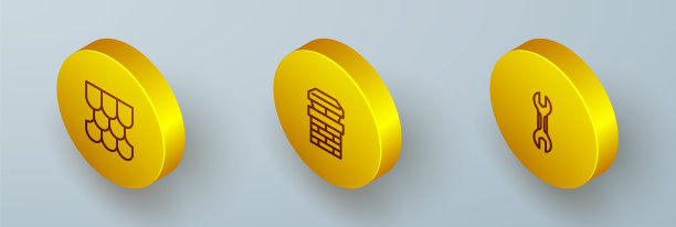 设置等距线屋顶瓦片，烟囱和扳手图标。向量图片下载