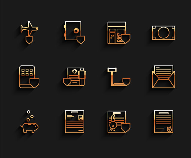 包含硬币储蓄罐、个人证件、飞机保护盾、证件钥匙的商务信息图矢量素材图片下载