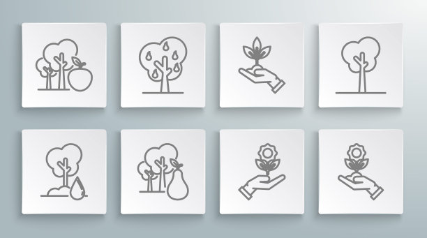 集线浇水树、梨子、捧花、环保植物之手、苹果图标。向量图片下载