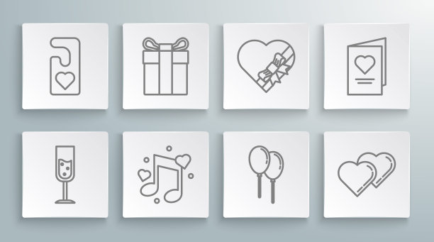 设置线香槟，礼盒，音乐笔记，音调与心，气球丝带，两个相连的心，糖果形状和弓，情人节派对传单和请打扰图标。向量图片下载