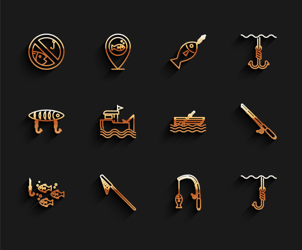 钓鱼钩在水下与鱼，网，没有钓鱼，杆和，船，和桨图标。向量图片下载