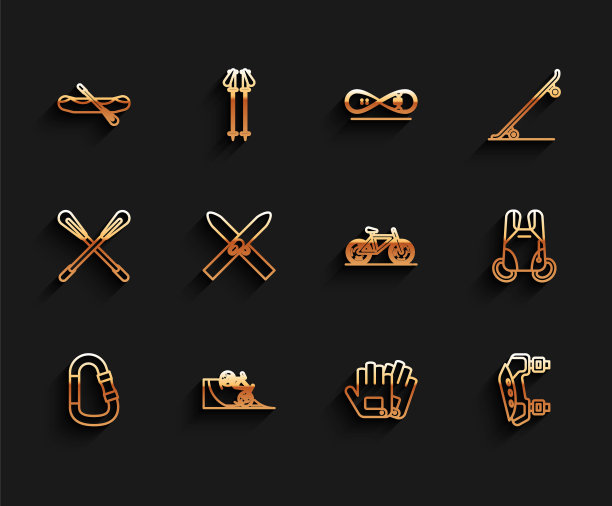 固定线锁扣，自行车在街道坡道，漂流船，手套，护膝，滑雪和棍棒，降落伞和图标。向量图片下载