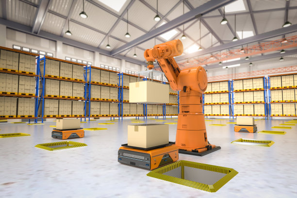 自动化工厂或货物与机械臂和仓库机器人图片下载