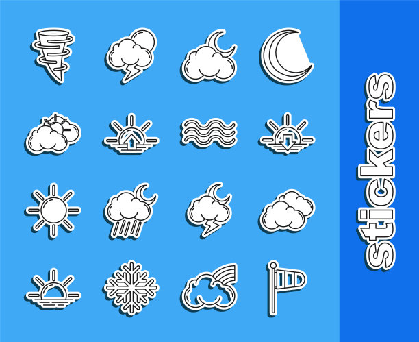 设置线锥气象风向袋风向标，云，日落，月亮和星星，日出，云天气，龙卷风和波浪图标。向量图片下载