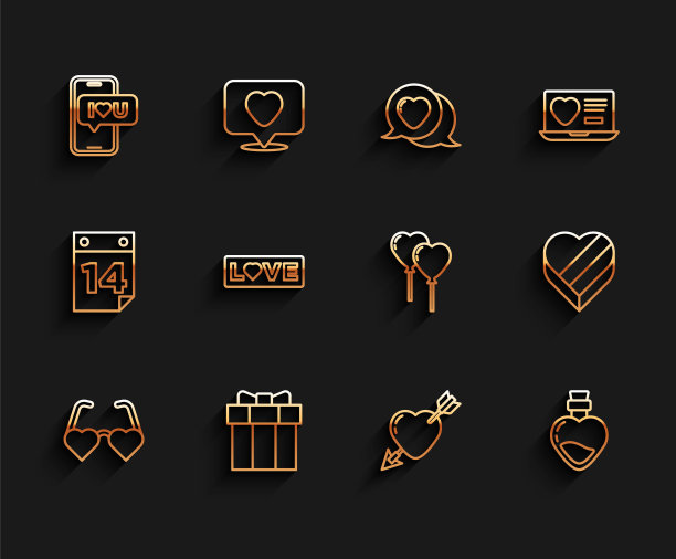 设置线心形的爱眼镜，礼品盒，移动与心脏，爱情和箭头，瓶子药水，爱的文字，糖果和气球形式的图标。向量图片下载
