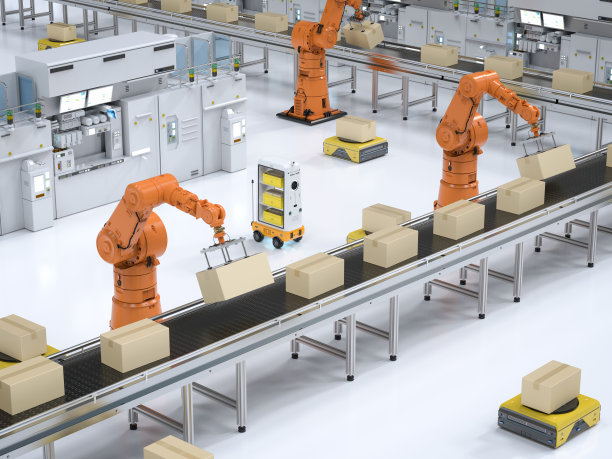 自动化工厂或货物与机械臂和仓库机器人图片下载