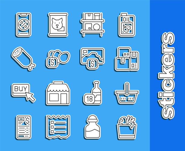 购物袋和食品，篮子，收银机，仓库内部有盒子，鸡蛋的价格标签，腊肠，折扣手机和信用卡图标。向量图片下载