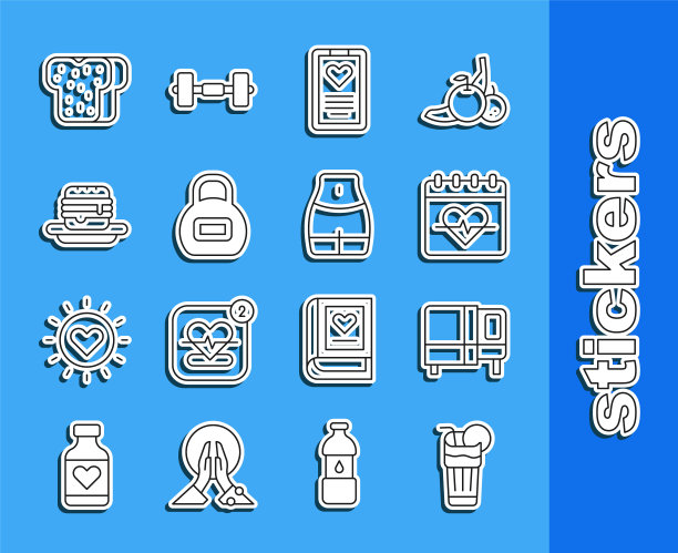 设线新鲜冰沙，床，心率，医疗剪贴板，壶铃，垃圾食品，面包吐司和妇女腰图标。向量图片下载