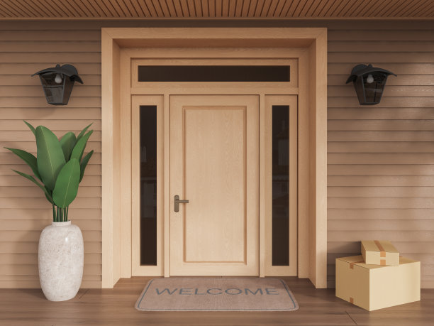 纸箱在家门口，送货和运输。模型图片下载