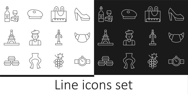 手表，羊角面包，法国长棍面包，男人，埃菲尔铁塔，葡萄酒与奶酪，路灯和贝雷帽图标。向量图片下载