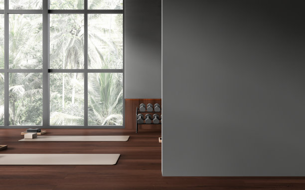 现代运动教室内部配有瑜伽垫和哑铃，模拟墙图片下载