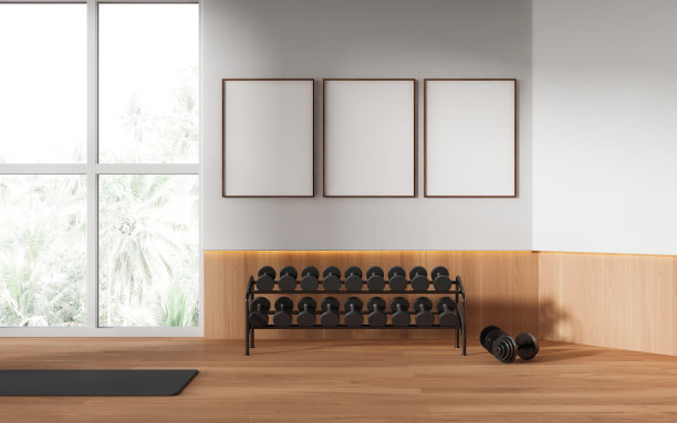 时尚的运动室内与哑铃架和垫子，模拟框架图片下载