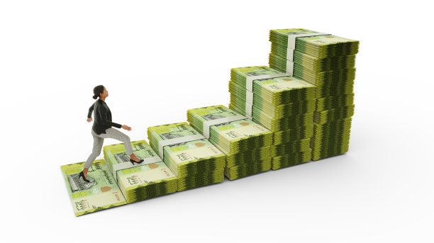 女商人爬着用也门里亚尔钞票做成的楼梯。3D渲染的钱安排在一个金融增长图形图标的形状。业务增长概念图片下载