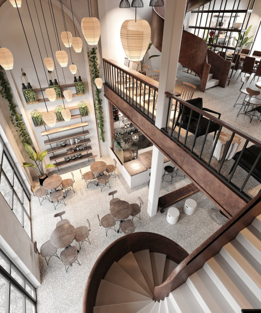 咖啡店内部，3d渲染。图片下载