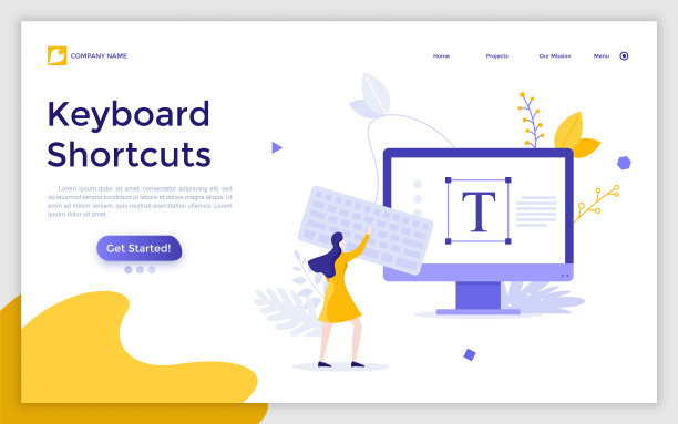 登陆页模板与妇女使用键盘连接到计算机。概念键盘快捷键用于文本编辑程序，电子设备用于打字。现代平面矢量插图的网站。图片下载