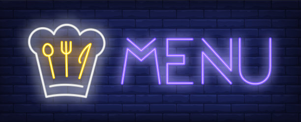 菜单上的霓虹文字，主厨的帽子和餐具图片下载