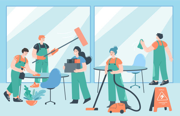 卡通看门人团队打扫办公室图片下载