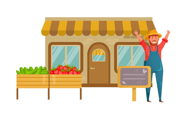 快乐的农民在商店卡通里卖有机食品图片下载