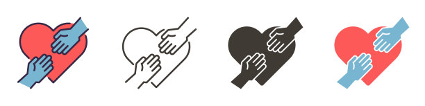 矢量图标在4个不同的风格。两只手合在一起，背景是心。图片下载