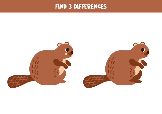 找出两个可爱的卡通海狸之间的3个不同点。图片下载