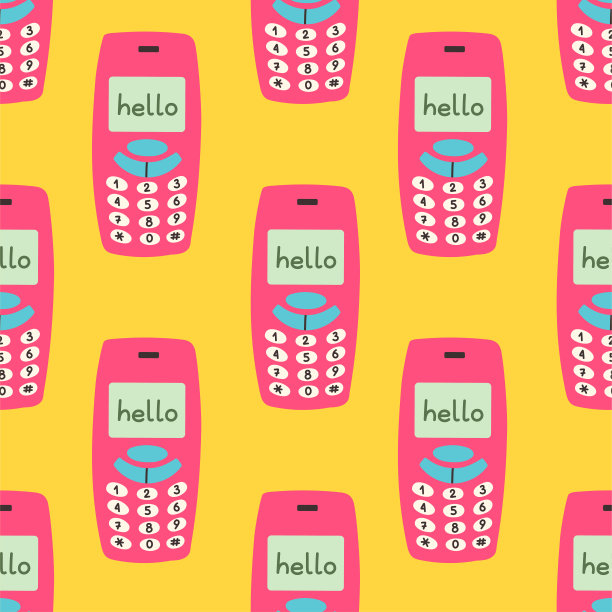 90年代的无缝图案与手机在黄色背景。矢量背景贴纸，大头针，补丁在卡通80年代90年代流行艺术漫画风格。图片下载