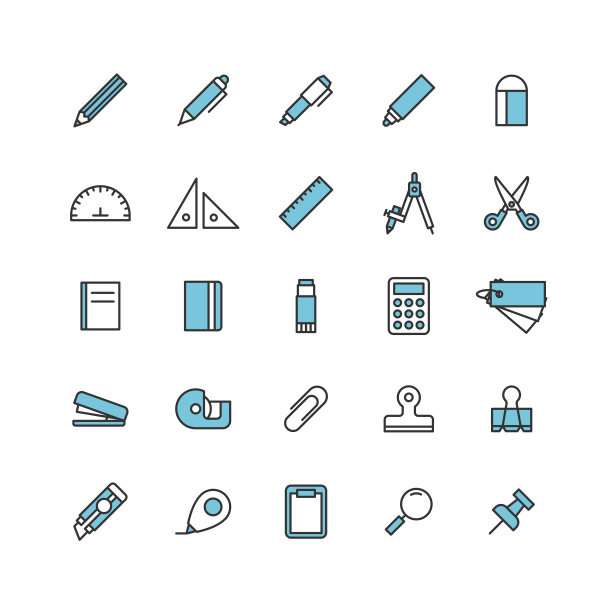 各种文具颜色图标集。图片下载