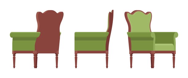 扶手椅、软翼椅、翼背家具套装，天然棕色、绿色图片下载