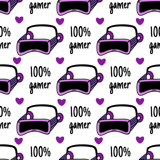 VR头戴式耳机无缝矢量图案。眼镜，虚拟或增强现实头盔，100%的游戏玩家。明亮的现代科技，游戏设备，3D。平面卡通背景包装，海报，印刷，网页图片下载
