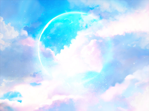 一个浅蓝色的满月明亮的景观插图和云在夜空中。图片下载