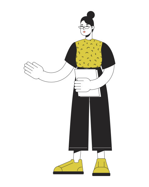 办公室女士与眼镜和纸张线性平面彩色矢量字符图片下载