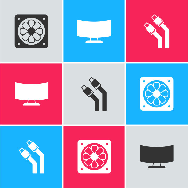 设置电脑冷却器，显示器屏幕和局域网电缆网络上网图标。向量图片下载