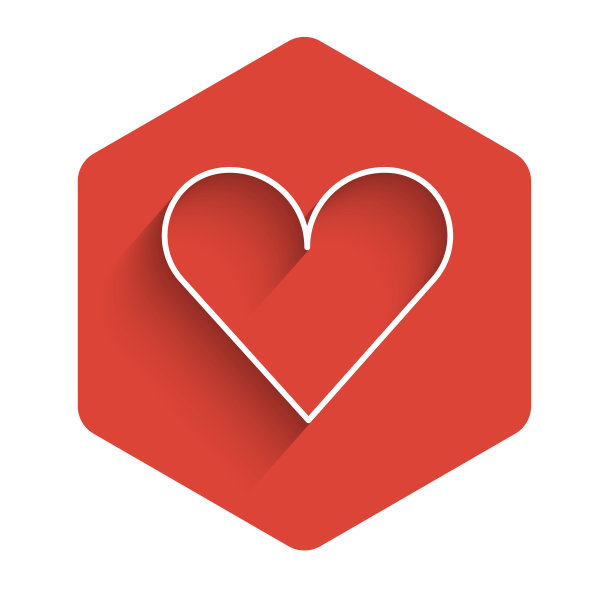 白线心脏图标与长阴影隔离。象征浪漫的连结、加盟、激情与婚礼。情人节的象征。红色六边形按钮。向量图片下载