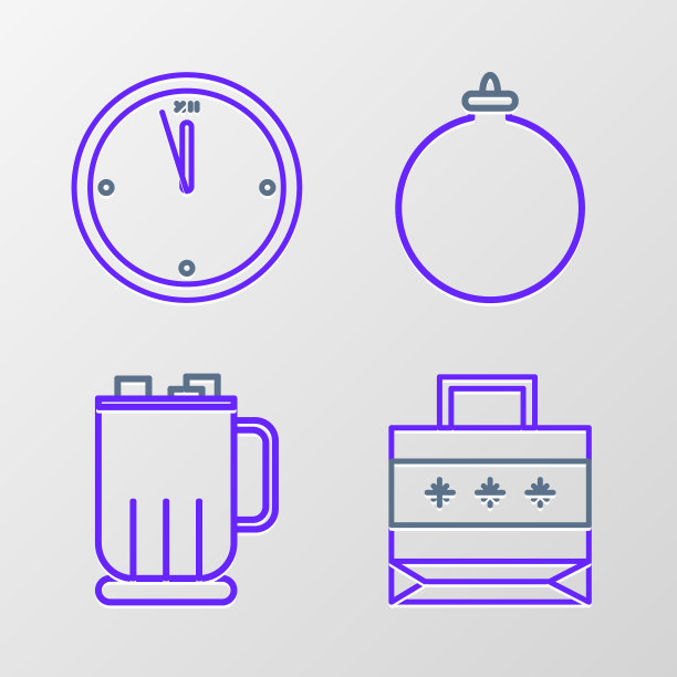 设置线圣诞纸购物袋，热巧克力杯与棉花糖，球和时钟图标。向量图片下载