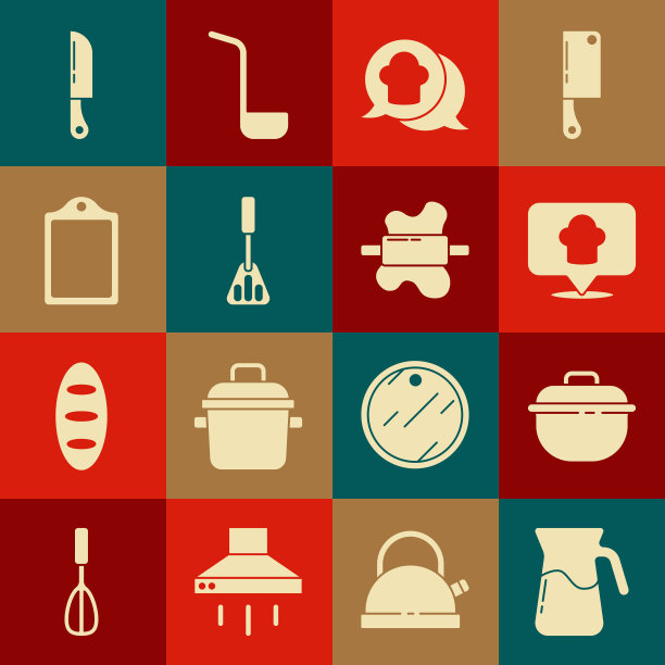 集水壶玻璃与水，烹饪锅，厨师帽的位置，语音气泡，抹刀，砧板，刀和擀面杖面团图标。向量图片下载