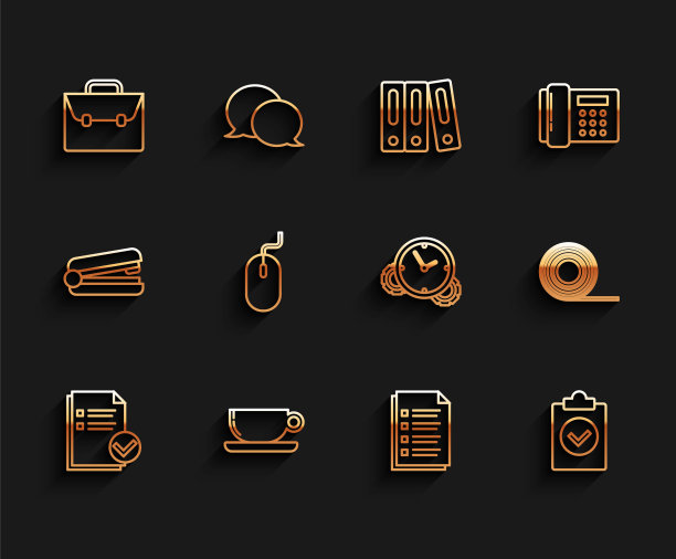 设置线文件和检查标记，咖啡杯平面，公文包，文件文件，完成任务，计算机鼠标，苏格兰和时间管理图标。向量图片下载